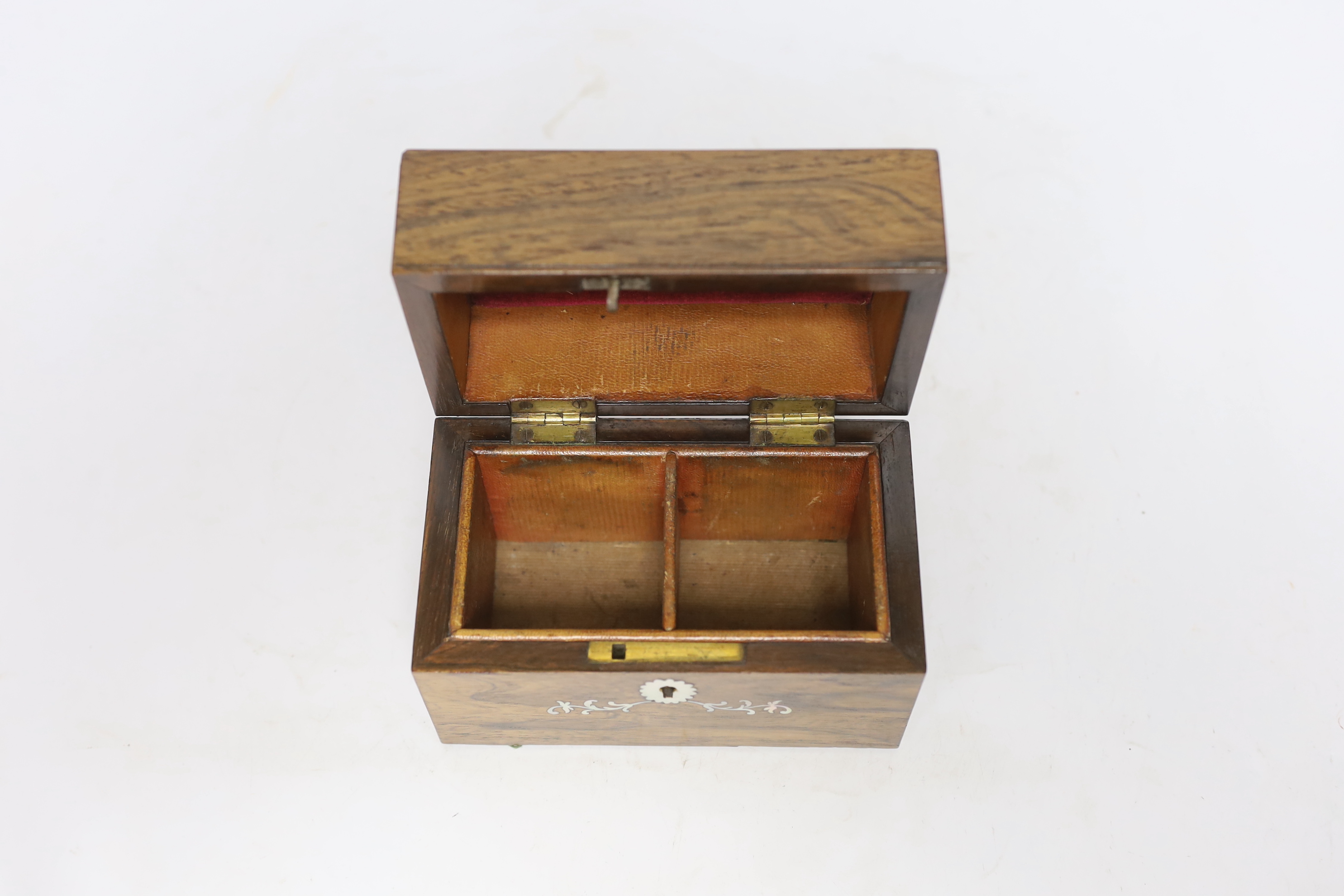 A 19th century mother-of-pearl inlaid rosewood travelling toilet box with two white metal mounted bottles, 14cm wide